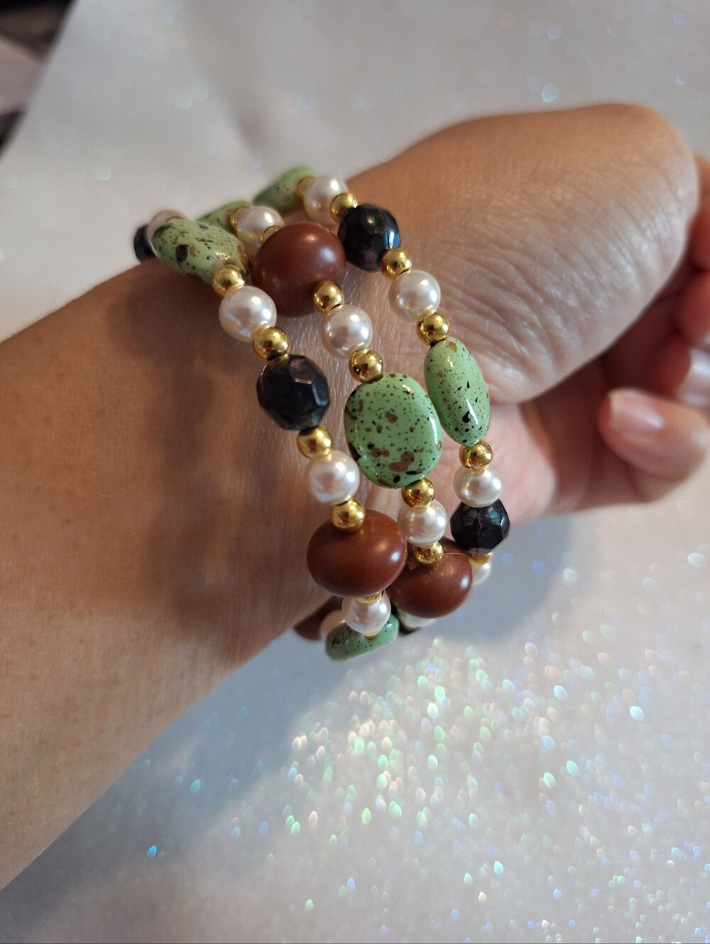 Pearl brown gold Vintage Beads Memory Wire Unisex Bracelet